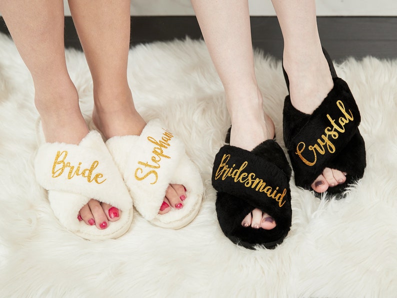 Gifts Personalized Bridal Slipper, Fluffy Bridesmaid Slippers, Wedding Bridesmaid Gifts, Bachelorette Party, Custom Bride Shower Slippers image 1