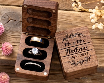 Boîte à bagues en bois triple flip, boîte à bagues de mariage personnalisée, boîte à bagues de fiançailles, boîte à bagues porte-bague, support de boîte à bagues d’héritage, boîte à bagues à 3 emplacements