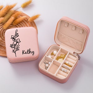 Boîte à bijoux de fleurs de naissance personnalisée, boîte à bijoux de fleurs de mois, étui organisateur de bijoux de voyage, cadeaux de fête nuptiale, proposition de demoiselle d’honneur, cadeau de mariage