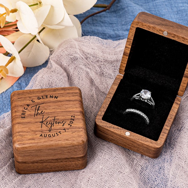 Personalized Double Ring Box, Engraved Wood Ring Bearer Box for Wedding Ceremony, Proposal or Engagement Ring Box Gift, Storage for 2 Rings