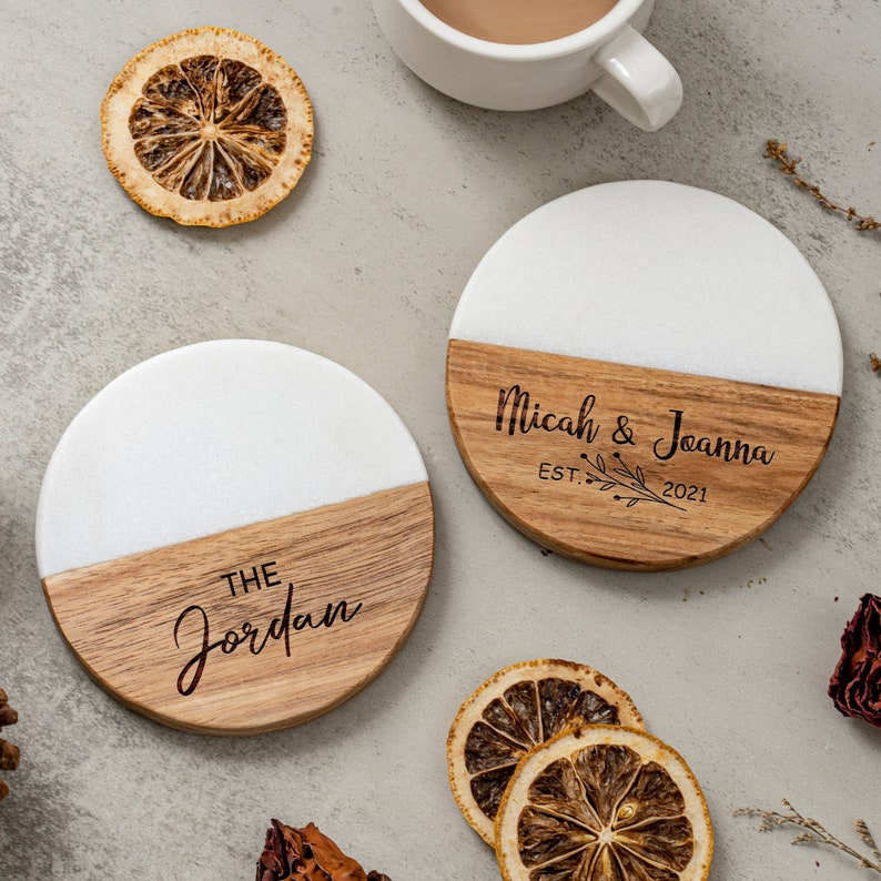 Custom Engraved Marble Wood Coasters, Personalized Gifts Coaster Set, New Home Gift, Housewarming Gifts, Newly Wed Gift, Anniversary Gift image 7