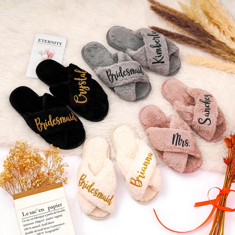 Gifts Personalized Bridal Slipper, Fluffy Bridesmaid Slippers, Wedding Bridesmaid Gifts, Bachelorette Party, Custom Bride Shower Slippers image 2