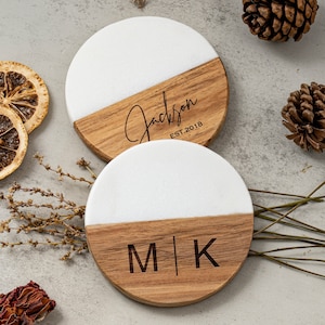 Custom Engraved Marble Wood Coasters, Personalized Gifts Coaster Set, New Home Gift, Housewarming Gifts, Newly Wed Gift, Anniversary Gift image 8