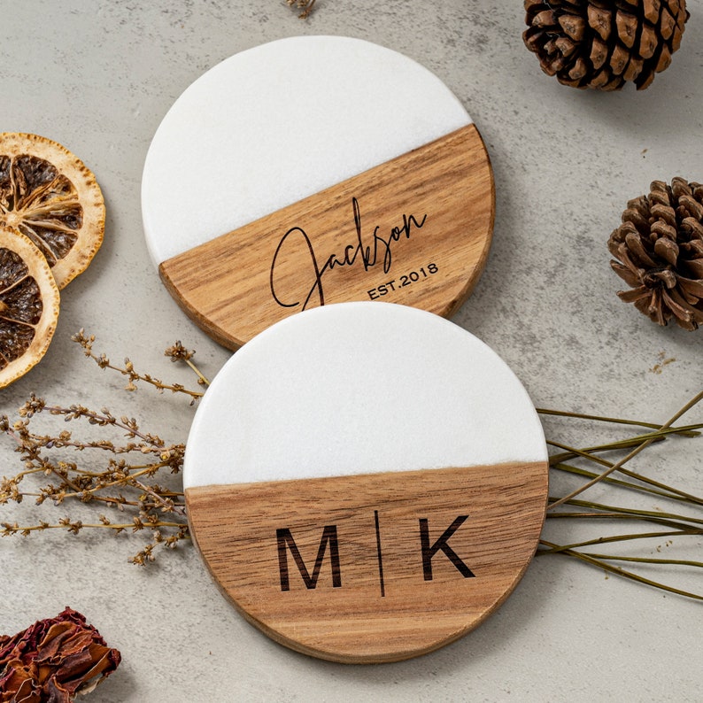 Custom Engraved Marble Wood Coasters, Personalized Gifts Coaster Set, New Home Gift, Housewarming Gifts, Newly Wed Gift, Anniversary Gift Bild 8