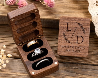 Custom Engraved Ring Box for Wedding Ceremony, Triple Wooden Ring Box, Wedding Engagement Ring Box, 3 Ring Bearer Ring Box, Ring Box Holder