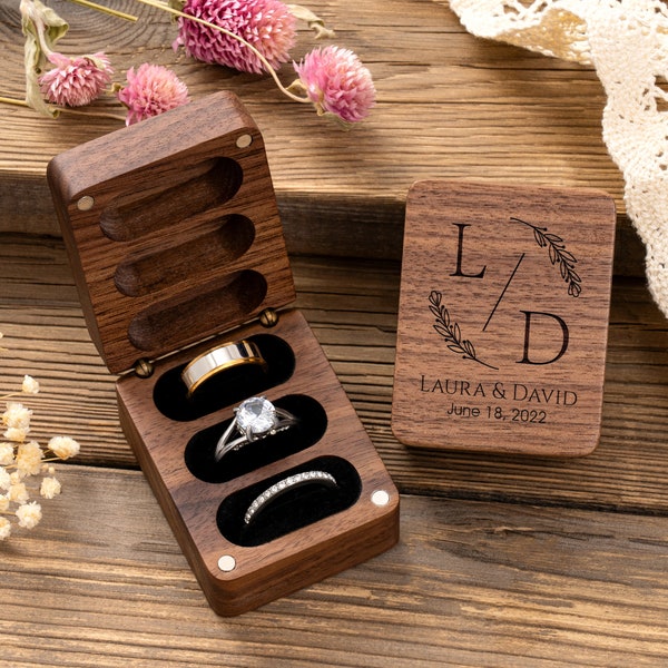 Custom Engraved Ring Box for Wedding Ceremony, Triple Wooden Ring Box, Wedding Engagement Ring Box, 3 Ring Bearer Ring Box, Ring Box Holder