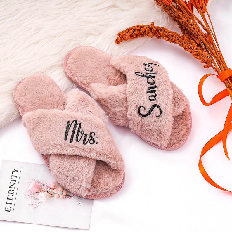 Gifts Personalized Bridal Slipper, Fluffy Bridesmaid Slippers, Wedding Bridesmaid Gifts, Bachelorette Party, Custom Bride Shower Slippers image 9