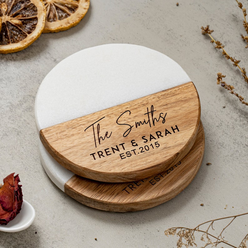 Custom Engraved Marble Wood Coasters, Personalized Gifts Coaster Set, New Home Gift, Housewarming Gifts, Newly Wed Gift, Anniversary Gift image 1