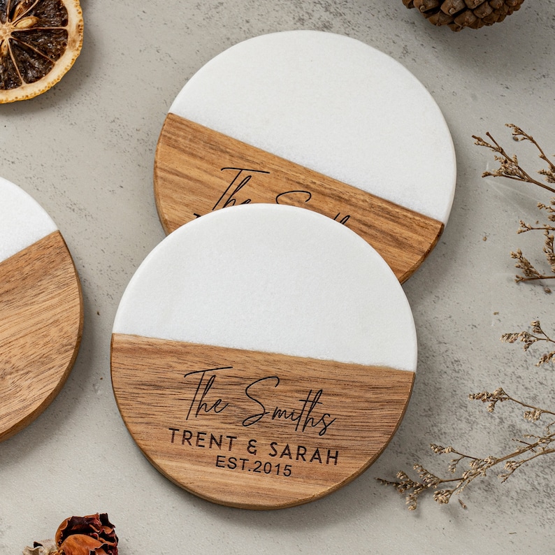 Custom Engraved Marble Wood Coasters, Personalized Gifts Coaster Set, New Home Gift, Housewarming Gifts, Newly Wed Gift, Anniversary Gift image 3