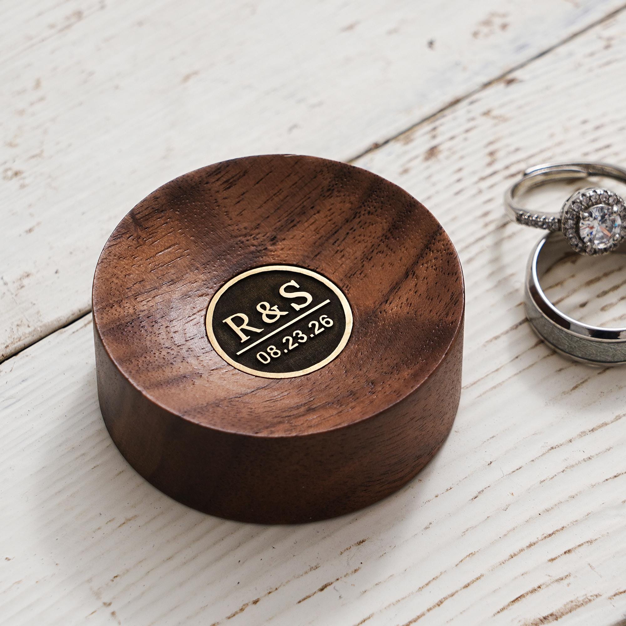 Custom Round Brass Inlay Wood Ring Dish, Engagement Ring Holder,…