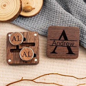 Personalized Wooden Cufflinks, Wedding Cufflinks with Box, Engraved Wood Cufflink Box, Custom Cufflink Storage, Groomsmen Proposal Gifts
