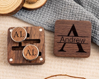 Personalized Wooden Cufflinks, Wedding Cufflinks with Box, Engraved Wood Cufflink Box, Custom Cufflink Storage, Groomsmen Proposal Gifts