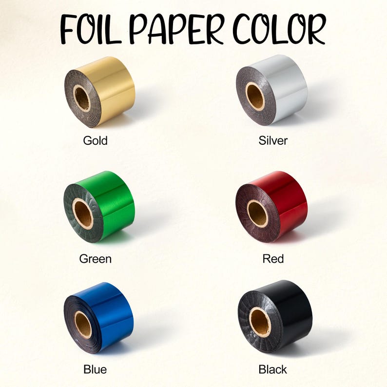 Puede incluir: Imagen de seis rollos de papel de aluminio en varios colores: dorado, plateado, verde, rojo, azul y negro. El texto "FOIL PAPER COLOR" est&aacute; en la parte superior de la imagen, con cada color etiquetado debajo de su rollo.