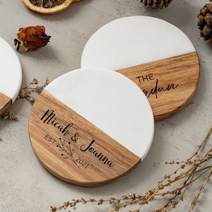 Custom Engraved Marble Wood Coasters, Personalized Gifts Coaster Set, New Home Gift, Housewarming Gifts, Newly Wed Gift, Anniversary Gift