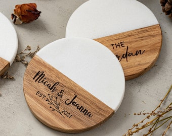 Custom Engraved Marble Wood Coasters, Personalized Gifts Coaster Set, New Home Gift, Housewarming Gifts, Newly Wed Gift, Anniversary Gift