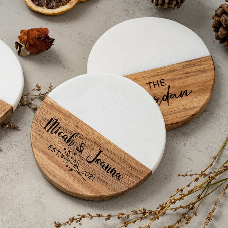 Custom Engraved Marble Wood Coasters, Personalized Gifts Coaster Set, New Home Gift, Housewarming Gifts, Newly Wed Gift, Anniversary Gift image 5