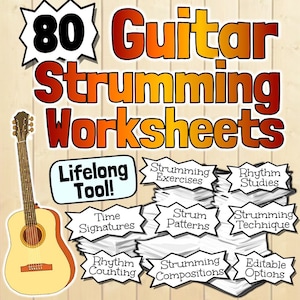 80 Guitar Strumming Worksheets | Tests Quizzes Homework Sub-Work Practice