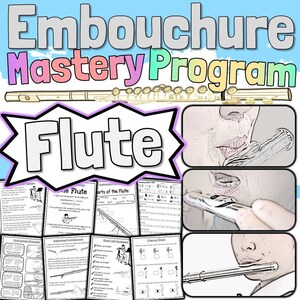 Può includere: Una guida stampabile colorata per imparare a suonare il flauto. La guida include illustrazioni del flauto, dell'imboccatura e tabelle di diteggiatura. Il testo include le parole "Embouchure Mastery Program" e "Flute".