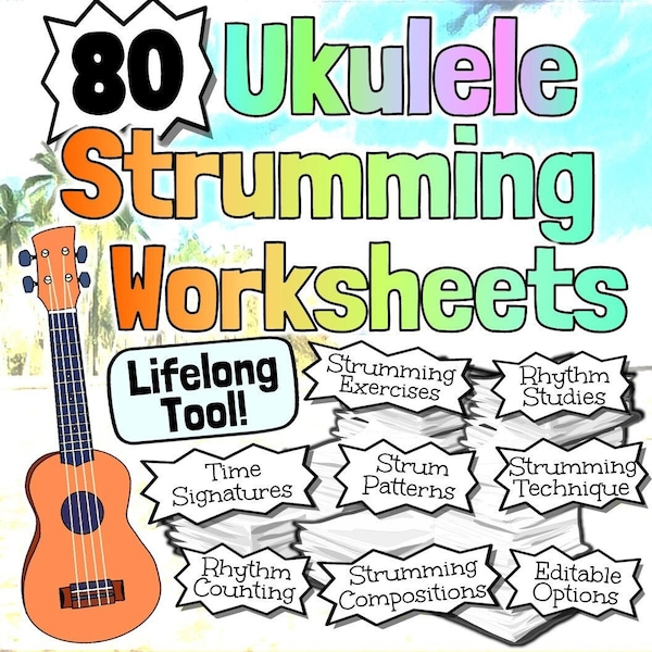 80 Ukulele Strumming Worksheets | Tests Quizzes Homework Sub-Work Practice