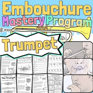 Könnte beinhalten: Ein farbenfroher, druckbarer Arbeitsblattsatz zum Erlernen der Trompeten-Embouchure. Der Satz enthält Illustrationen einer Trompete, Diagramme der Teile der Trompete und Anweisungen zum Zusammenbauen des Instruments. Das Arbeitsblatt enthält auch einen Abschnitt über Embouchure-Übungen.