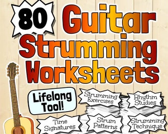 80 Hojas de trabajo de rasgueo de guitarra / Pruebas Cuestionarios Tarea Práctica de trabajo secundario