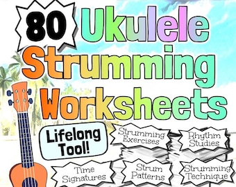 80 Ukulele Strumming Worksheets | Tests Quizzes Homework Sub-Work Practice