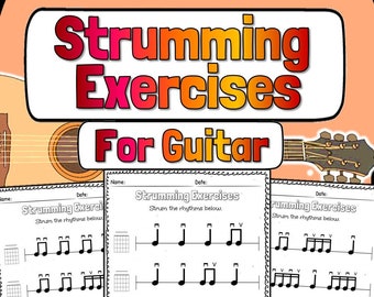 Puede incluir: Una imagen colorida con el texto "Strumming Exercises For Guitar". Debajo hay tres hojas de música con ejercicios de rasgueo. El fondo presenta una guitarra.