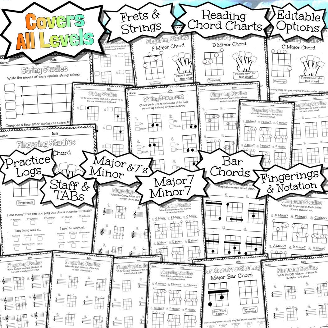 150 Ukulele Chords Worksheets Tests Quizzes Homework Sub Work and More