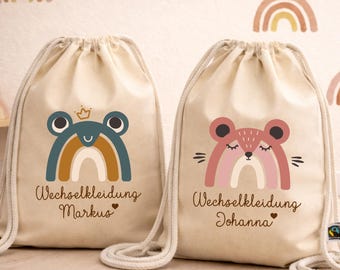 Personalized gym bag for spare clothes with name, rainbow animal motif, Fairtrade cotton, kindergarten/daycare tote bag with name, gift