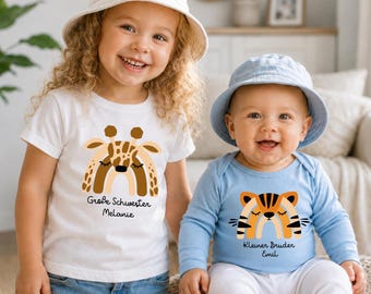 Sibling T-shirt & bodysuit set. Matching look. Personalized with name. Big brother, little sister. Sibling gift set.