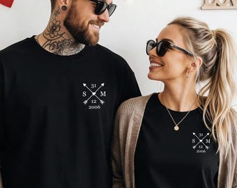Personalized T-shirt set for couples with initials & date – couples gift, anniversary gift, Valentine's Day gift. Gift for him/her