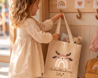 Personalized children's cotton tote bag with name and change of clothes, rainbow animal design, perfect gift for kindergarten