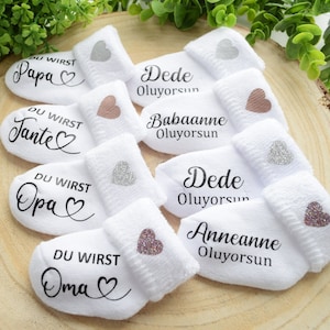 Calzini per neonati con annuncio di gravidanza. Sarai papà, nonna, nonno. Calzini Baba OLACAKSIN, Anneanne Oluyorsun, Bebek Geliyor. Sorpresa dei nonni.