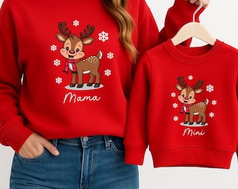 Christmas Sweatshirt Red with Reindeer Family – Personalized with Names: Mom, Dad, Desired Name – Matching Family Xmas Sweater, Gift Set