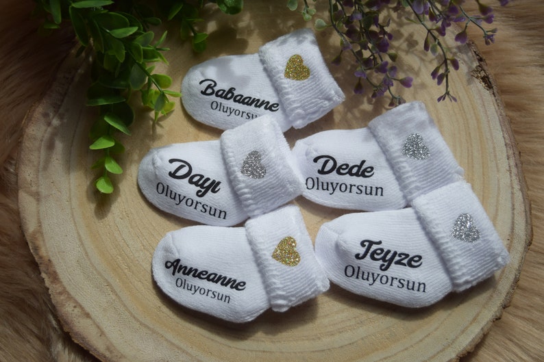 Baby Socke Baba OLACAKSIN Schwangerschaft verkünden BabySocken Türkisch Anneanne Oluyorsun Teyze Oluyorsun Bebek Geliyor Baby-Söckchen Bild 9