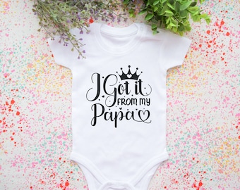 Funny and cool baby bodysuit with "I Got It From My Papa" saying. Unique baby shower gift idea.Baby clothes for boys and girls.