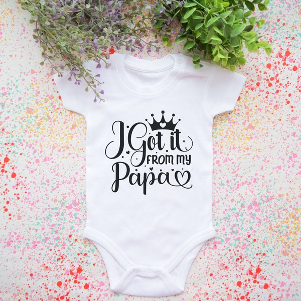 Funny and cool baby bodysuit with "I Got It From My Papa" saying. Unique baby shower gift idea.Baby clothes for boys and girls.