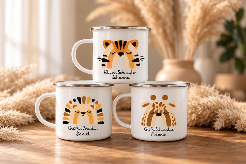 May include: Three white enamel mugs with silver rims, each featuring a colorful animal illustration and text. The top mug shows a tiger with "Kleine Schwester Johanna". The bottom left shows a hedgehog with "Gro&szlig;er Bruder Daniel" and the bottom right a giraffe with "Gro&szlig;e Schwester Melanie".