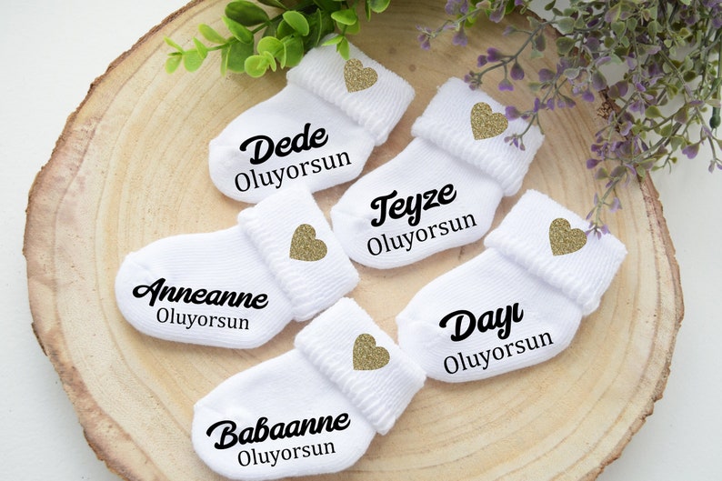 Baby Socke Baba OLACAKSIN Schwangerschaft verkünden BabySocken Türkisch Anneanne Oluyorsun Teyze Oluyorsun Bebek Geliyor Baby-Söckchen Bild 4