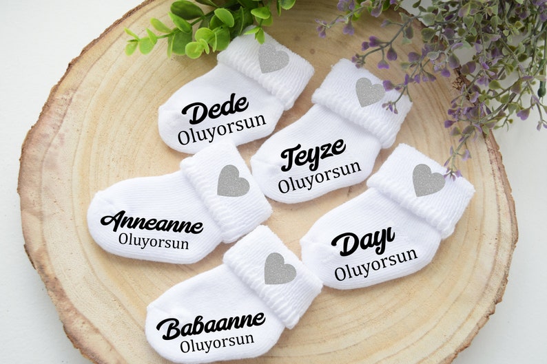 Baby Socke Baba OLACAKSIN Schwangerschaft verkünden BabySocken Türkisch Anneanne Oluyorsun Teyze Oluyorsun Bebek Geliyor Baby-Söckchen Bild 7