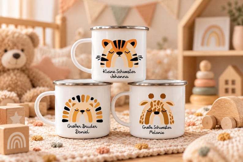 May include: Three white enamel mugs with silver rims, each featuring a colorful animal illustration shaped like a rainbow. The top mug shows a tiger with the text "Kleine Schwester Johanna". The bottom mugs show a lion and giraffe with names.