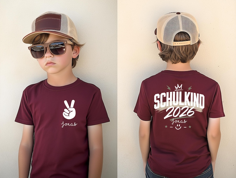 May include: A maroon t-shirt featuring a white peace sign graphic and the name Jonas on the front. The back displays the text SCHULKIND 2026, the name Jonas, a crown icon, and a smiley face. The shirt is paired with a tan and brown baseball cap.