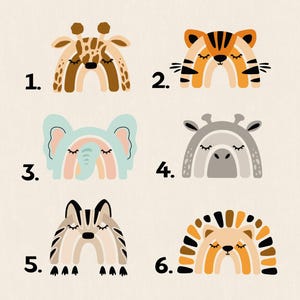 May include: Six illustrations of animals shaped like rainbows, numbered 1 through 6. The designs feature a giraffe, tiger, elephant, hippo, fox, and hedgehog, each with closed eyes and a neutral color palette of brown, orange, blue, and gray.