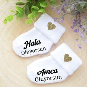 Baby Socke Baba OLACAKSIN Schwangerschaft verkünden BabySocken Türkisch Anneanne Oluyorsun Teyze Oluyorsun Bebek Geliyor Baby-Söckchen Bild 6