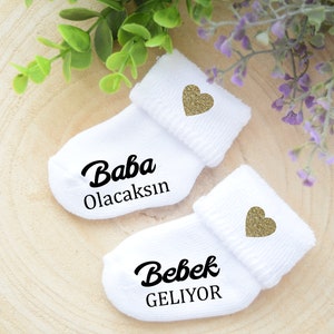 Baby Socke Baba OLACAKSIN Schwangerschaft verkünden BabySocken Türkisch Anneanne Oluyorsun Teyze Oluyorsun Bebek Geliyor Baby-Söckchen Bild 5