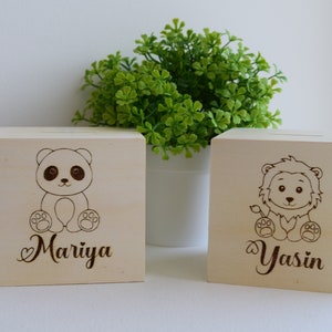 Personalized money box. wooden money box. Money box with name. Money box with animal motif. Children money box. Kids Personalized Gift. image 4