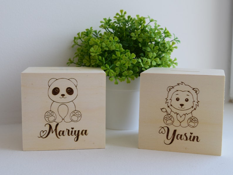 Personalized money box. wooden money box. Money box with name. Money box with animal motif. Children money box. Kids Personalized Gift. image 4