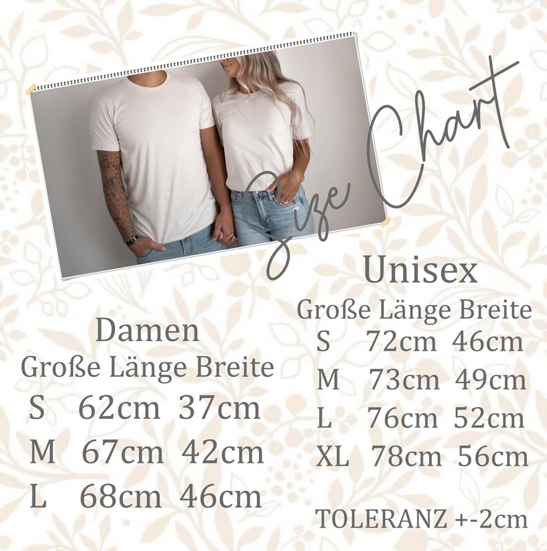 Pu&ograve; includere: Tabella delle taglie per t-shirt unisex e da donna. La tabella mostra la taglia, la lunghezza e la larghezza in centimetri. Taglie unisex: S (72 cm x 46 cm), M (73 cm x 49 cm), L (76 cm x 52 cm), XL (78 cm x 56 cm). Taglie da donna: S (62 cm x 37 cm), M (67 cm x 42 cm), L (68 cm x 46 cm). Tolleranza: +/- 2 cm.