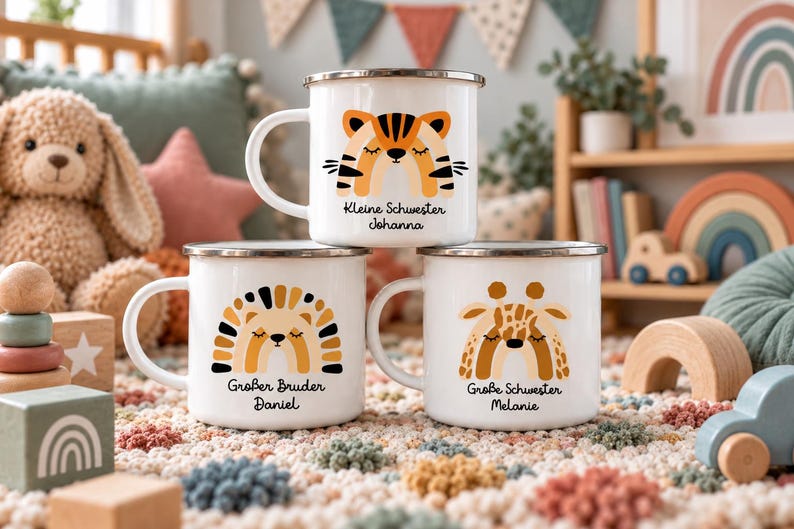 May include: Three white enamel mugs featuring animal illustrations and text. The top mug shows a tiger with "Kleine Schwester Johanna". The bottom left mug shows a lion with "Gro&szlig;er Bruder Daniel". The bottom right mug shows a giraffe with "Gro&szlig;e Schwester Melanie".