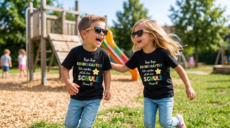 Puede incluir: Dos ni&ntilde;os con gafas de sol y camisetas negras con el texto "Bye Bye Kindergarten, Ich rocke jetzt die SCHULE" y una estrella. Se r&iacute;en y juegan al aire libre en un d&iacute;a soleado.